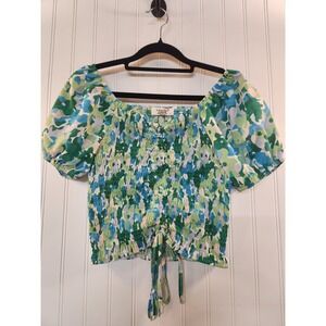 Julia Women Green Floral Print Milkmaid Top Size L Smock Bodice Stretchy Summer